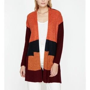 NEW KOTON Color Block Open Front‎ Cardigan Bordeux Design Cable Knit Sweater- M